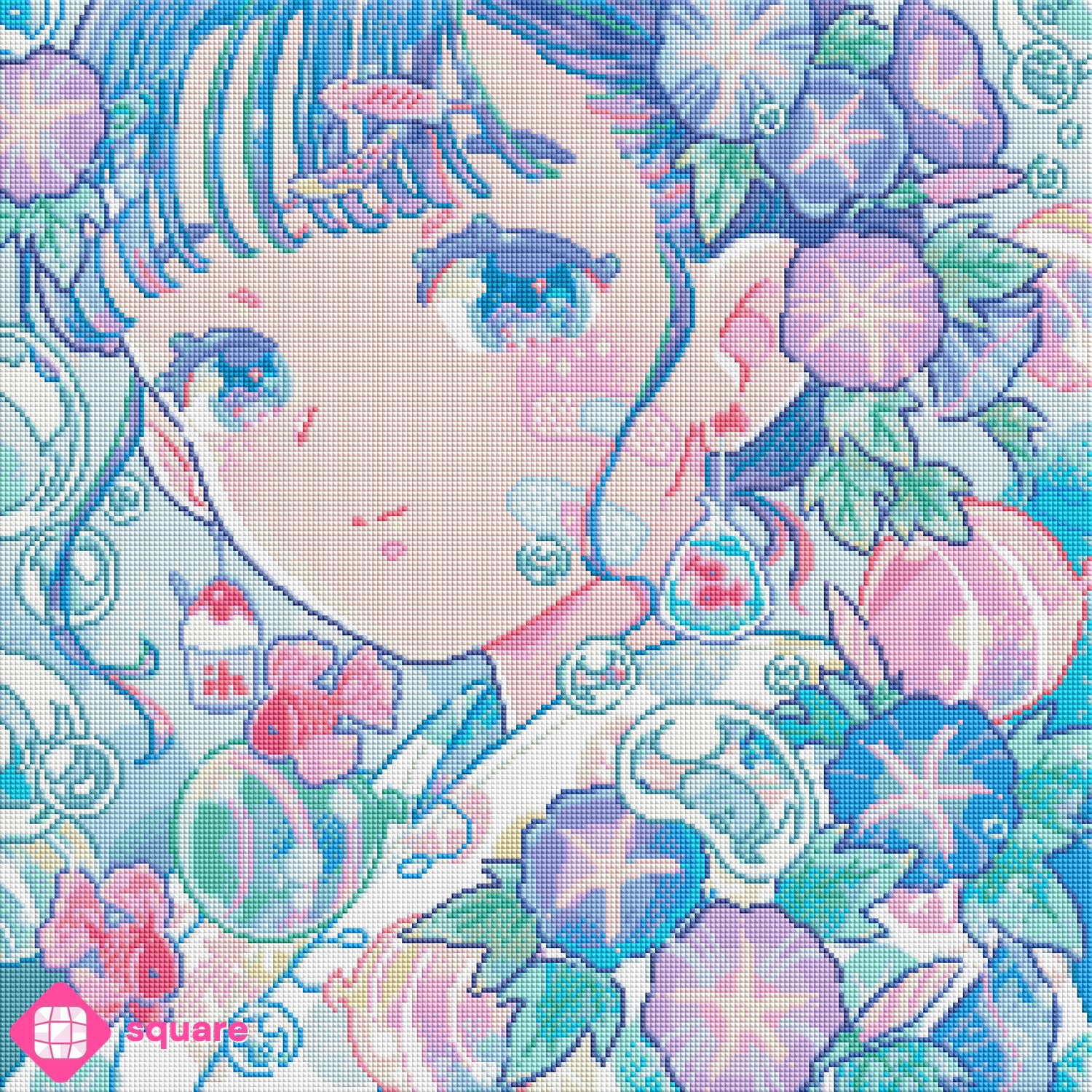 Diamond Painting Vorschau eines Mädchenportraits von Hiroko mit lila und blauen Blüten, Luftblasen und Goldfischen in verträumter japanischer Atmosphäre, in funkelnder Steinoptik als Render-Vorschau
