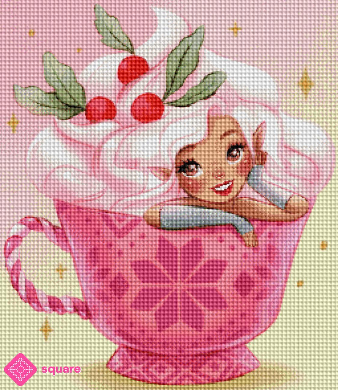 Diamond Painting Vorschau mit kleiner Schokoladen-Elfe in einer pink gemusterten Tasse mit Sahnehaar und Preiselbeeren mit Blättern in funkelnder Steinoptik