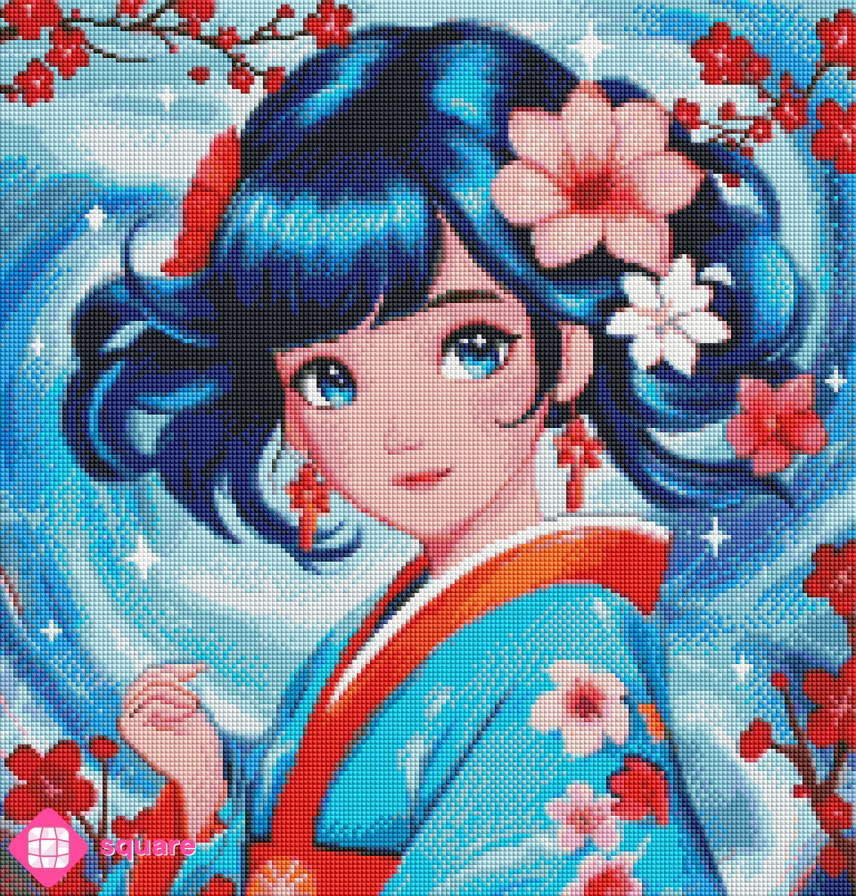 Diamond Painting Vorschau mit Kimono-Mädchen und eindrucksvoller Welle, eingerahmt von roten Blütenästen in funkelnder Steinoptik