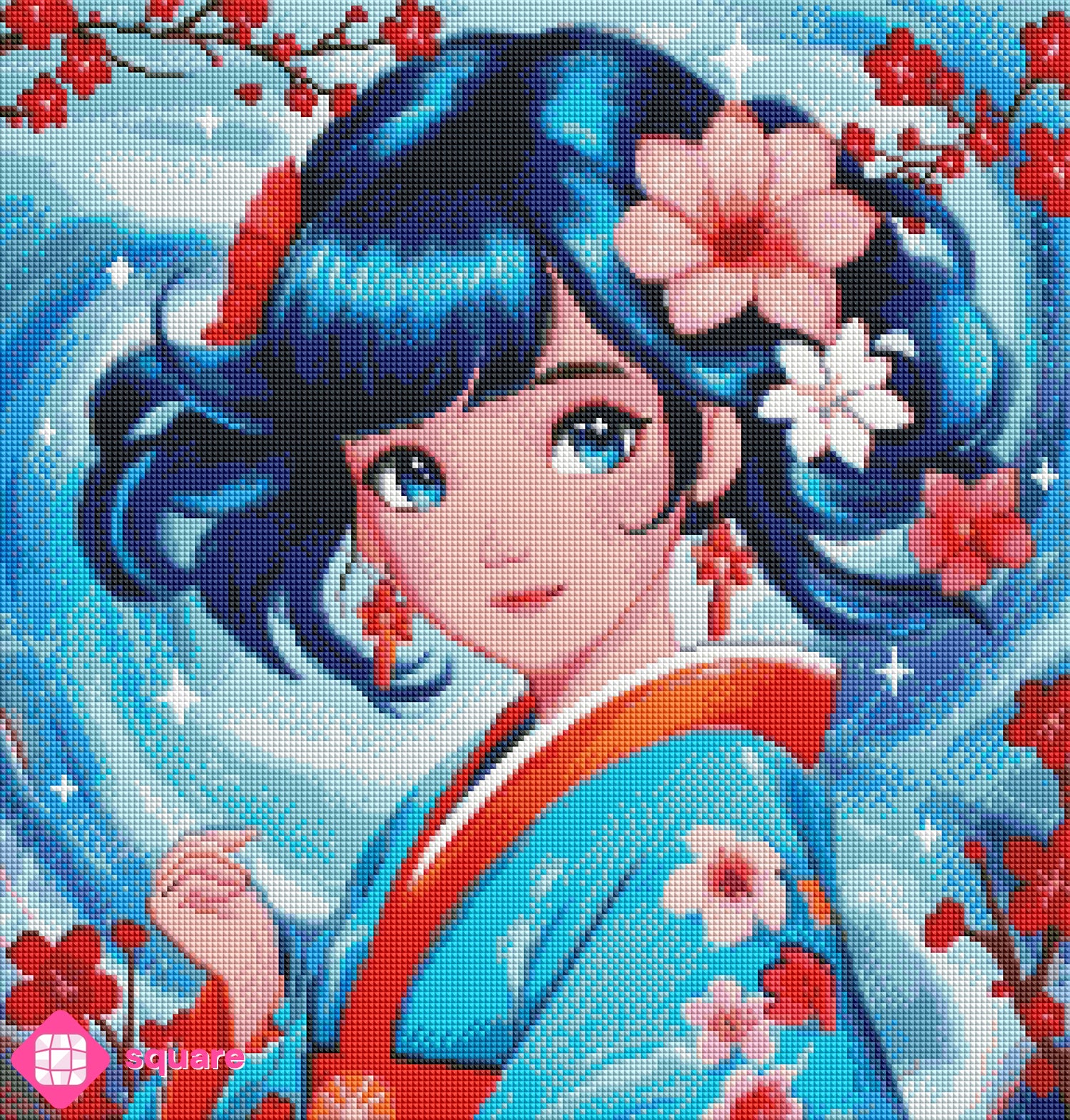 Diamond Painting Vorschau mit Kimono-Mädchen und eindrucksvoller Welle, eingerahmt von roten Blütenästen in funkelnder Steinoptik