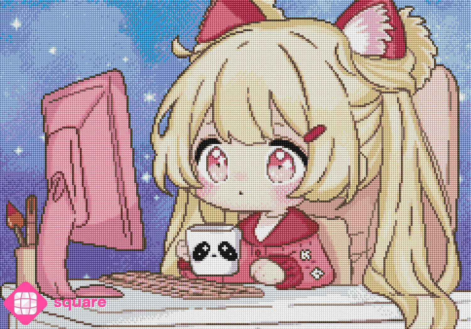 Diamond Painting Vorschau mit Kawaii Mädchen am Computer in funkelnder Steinoptik