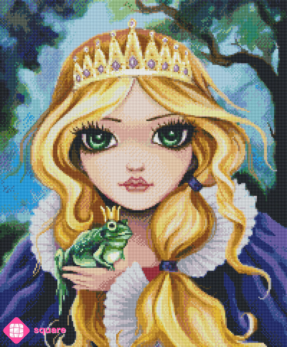 Diamond Painting Vorschau mit kleiner Prinzessin mit blonden Haaren, Diadem und blauem Umhang, die den Froschkönig auf ihrer Hand hält, in funkelnder Steinoptik