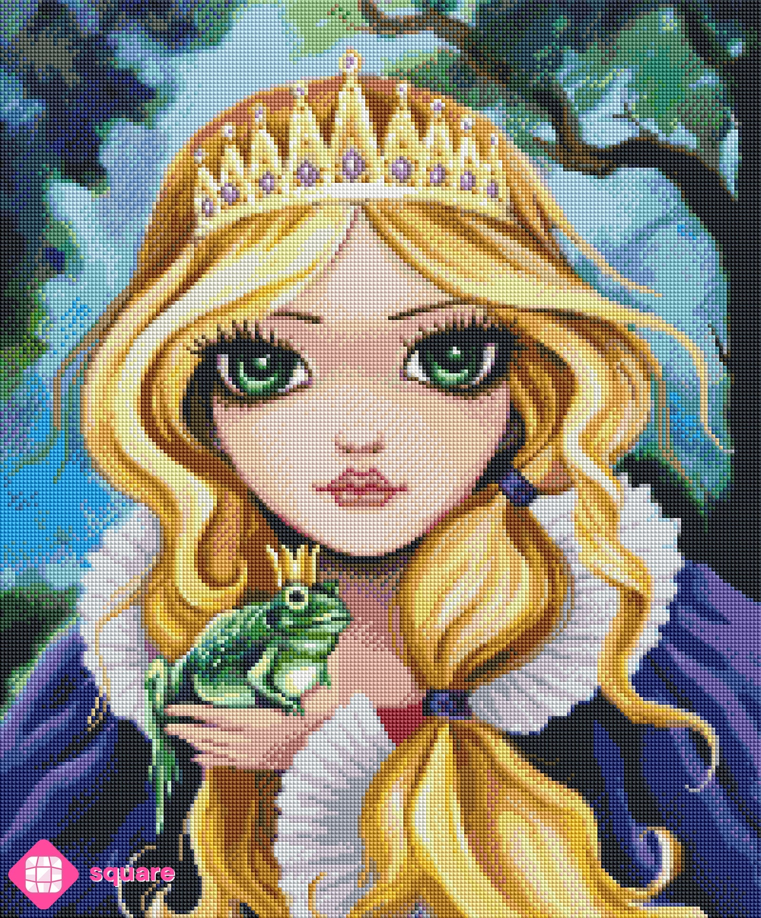 Diamond Painting Vorschau mit kleiner Prinzessin mit blonden Haaren, Diadem und blauem Umhang, die den Froschkönig auf ihrer Hand hält, in funkelnder Steinoptik