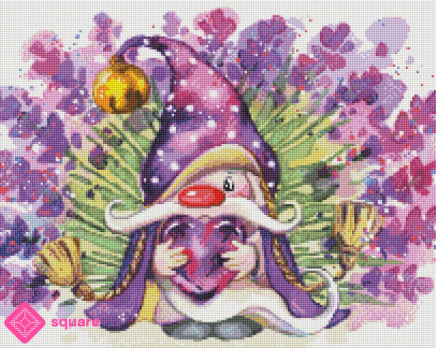 Diamond Painting Vorschau mit niedlichem Lavendel-Gnom und herzförmigem Amethysten zwischen duftenden Lavendelblüten in funkelnder Steinoptik