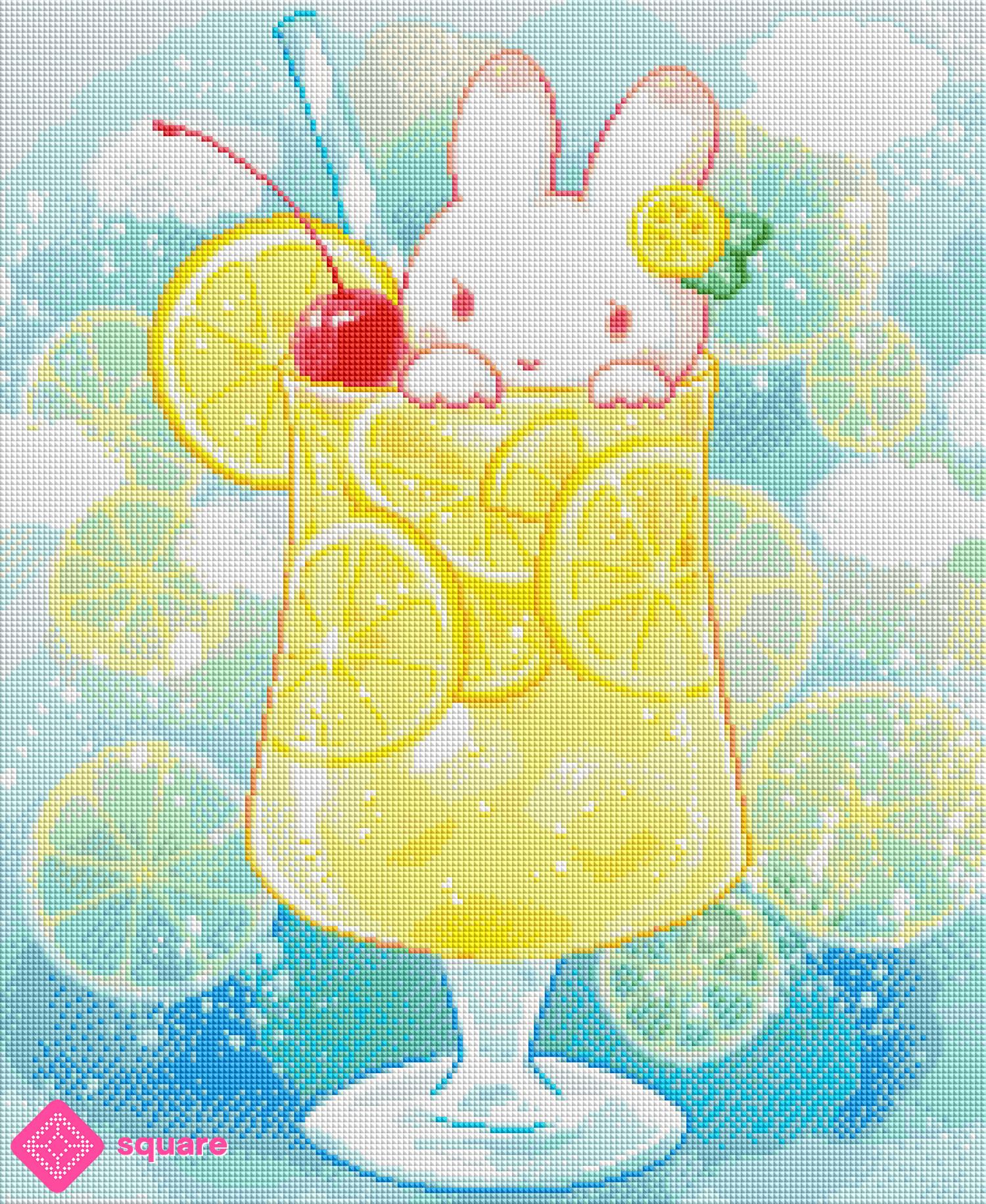 Vorschau eines Diamond Paintings von Hiroko mit Häschen, Lemon Soda und sommerlichen Details in funkelnder Steinoptik