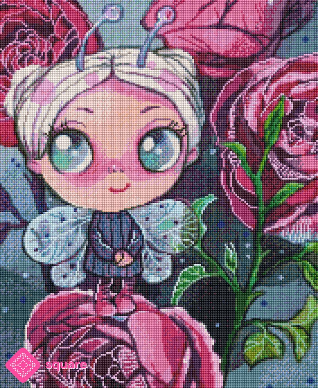 Diamond Painting Vorschau mit kleiner Blumenfee und rosa Rosen in funkelnder Steinoptik