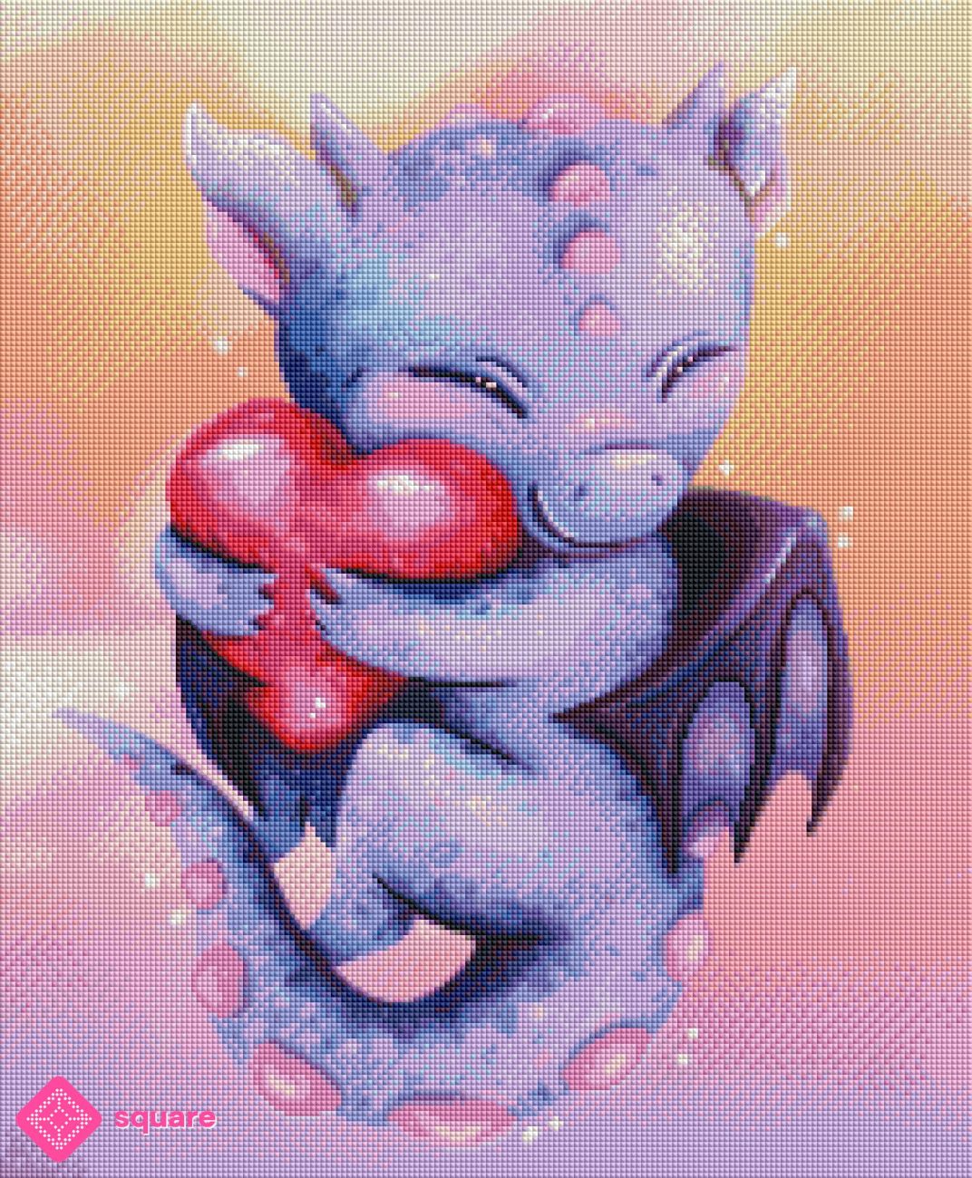 Diamond Painting Vorschau mit niedlichem lila Drachen mit Flügeln, der mit geschlossenen Augen ein großes rotes Herz fest an sich drückt, in funkelnder Steinoptik