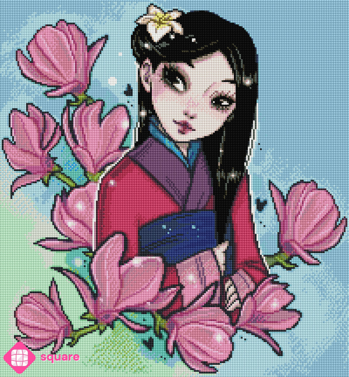 Diamond Painting Vorschau mit Mulan mit dunklen Haaren und dunklen Augen im Kimono, einer Blüte im Haar und von Ästen mit vielen Magnolienblüten umgeben, in funkelnder Steinoptik