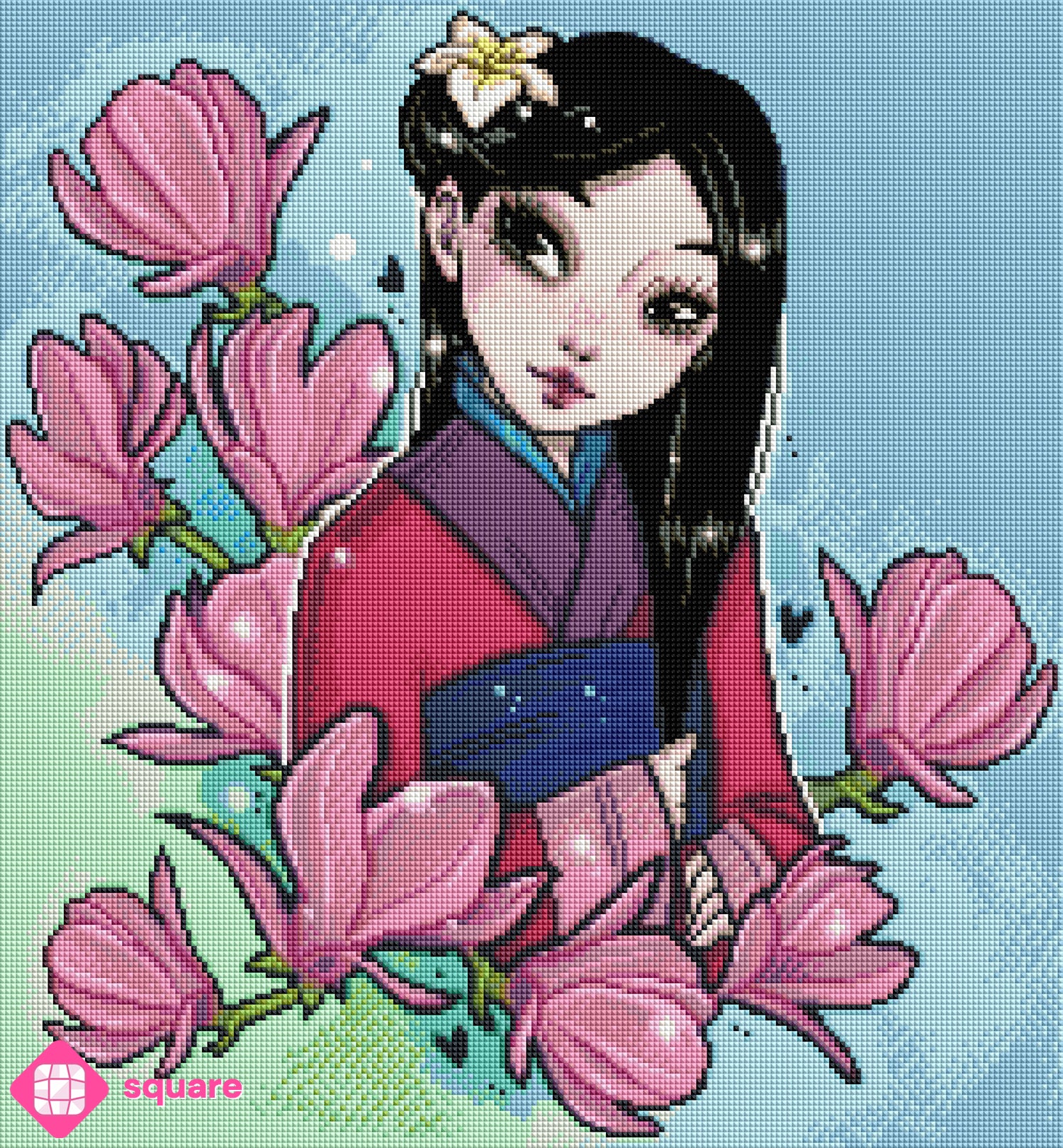 Diamond Painting Vorschau mit Mulan mit dunklen Haaren und dunklen Augen im Kimono, einer Blüte im Haar und von Ästen mit vielen Magnolienblüten umgeben, in funkelnder Steinoptik