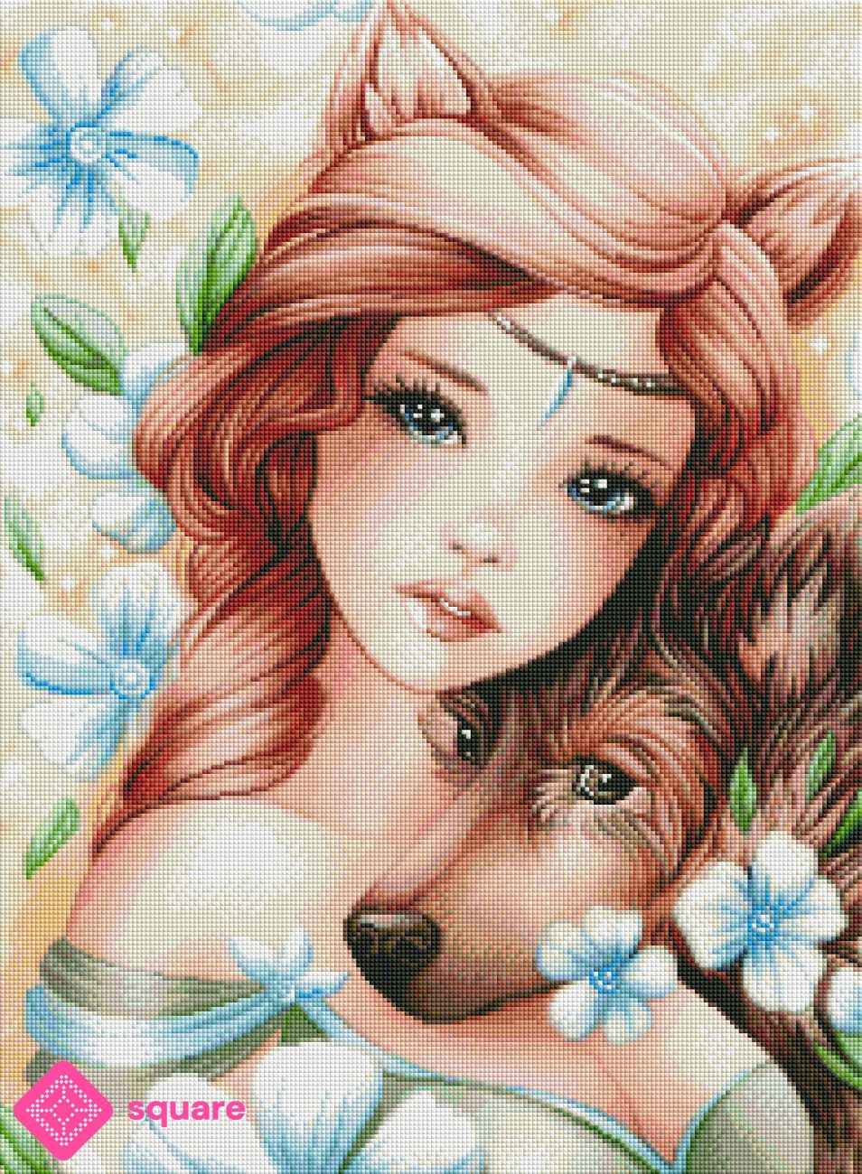 Diamond Painting Vorschau mit rothaarigem Mädchen mit niedlichen Fuchsohren und ihrem Hund, umgeben von zarten weiß-blauen Blüten und Blättern in funkelnder Steinoptik