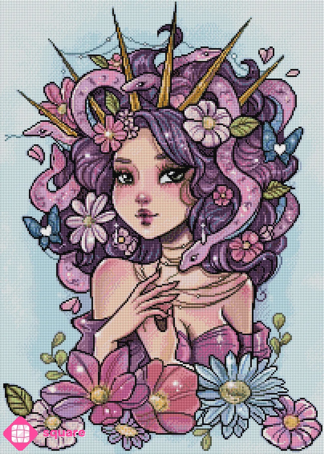 Vorschau eines Medusa Diamond Paintings mit Schlangen, Blumen und Schmetterlingen in funkelnder Steinoptik