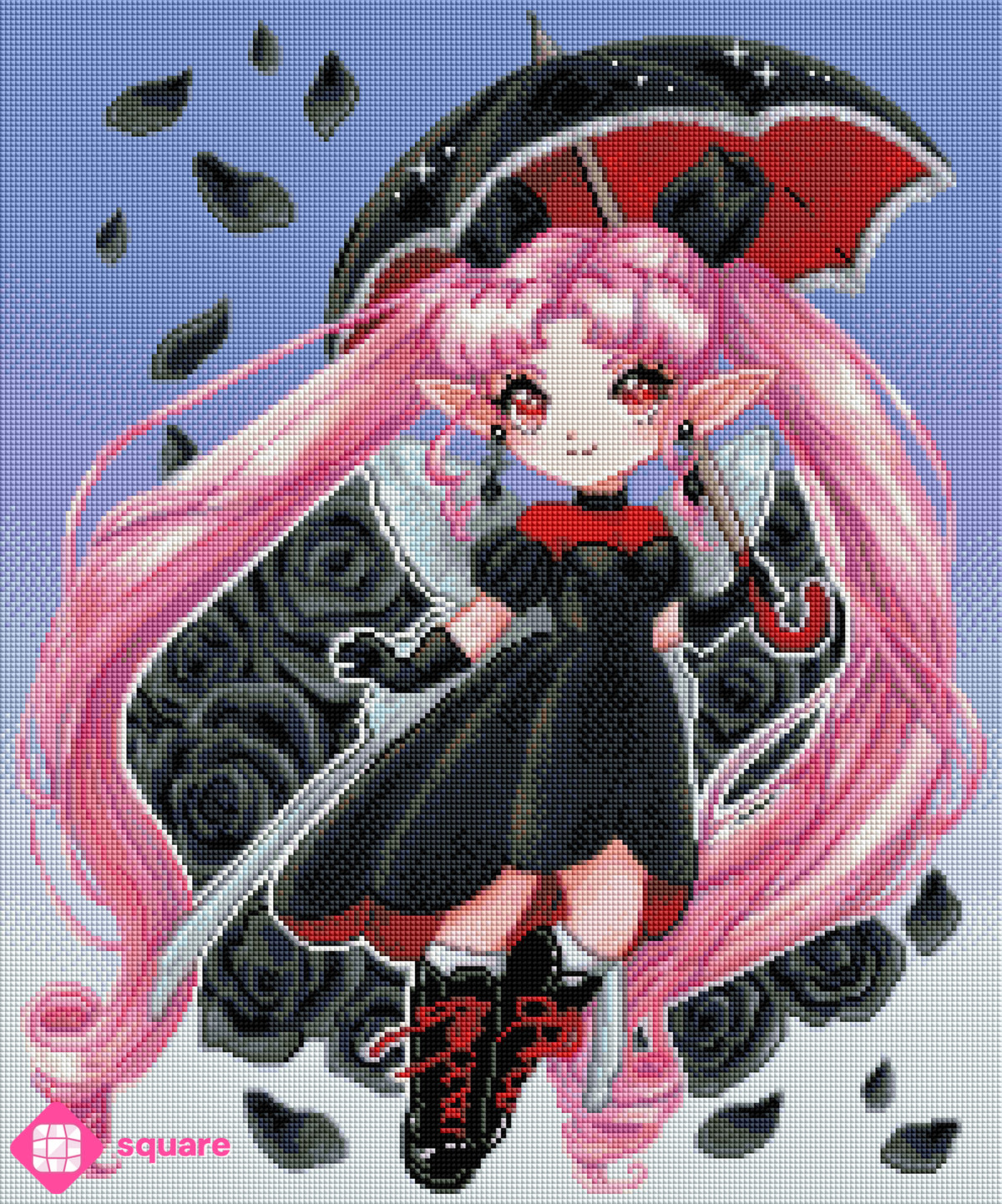 Diamond Painting Vorschau mit niedlicher Elfe mit langen rosa Haaren, glitzernden Flügeln, schwarz-rotem Gothic-Kleid und Schirm inmitten geheimnisvoller schwarzer Rosen in funkelnder Steinoptik