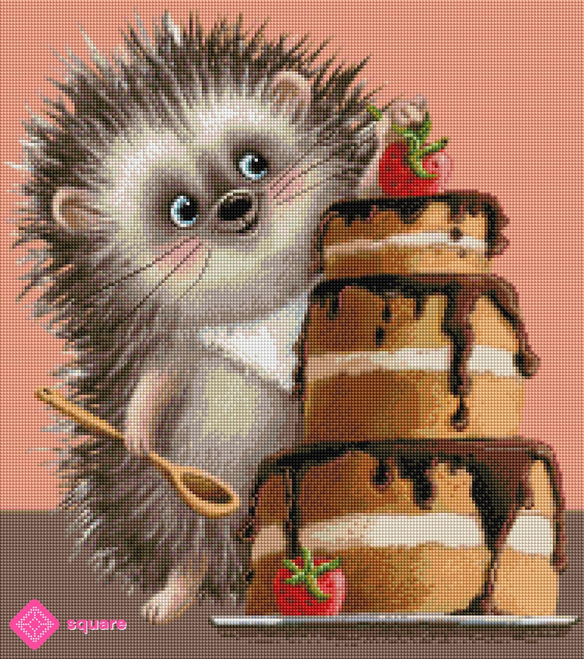 Diamond Painting Vorschau mit backendem Igel und großer Torte in funkelnder Steinoptik