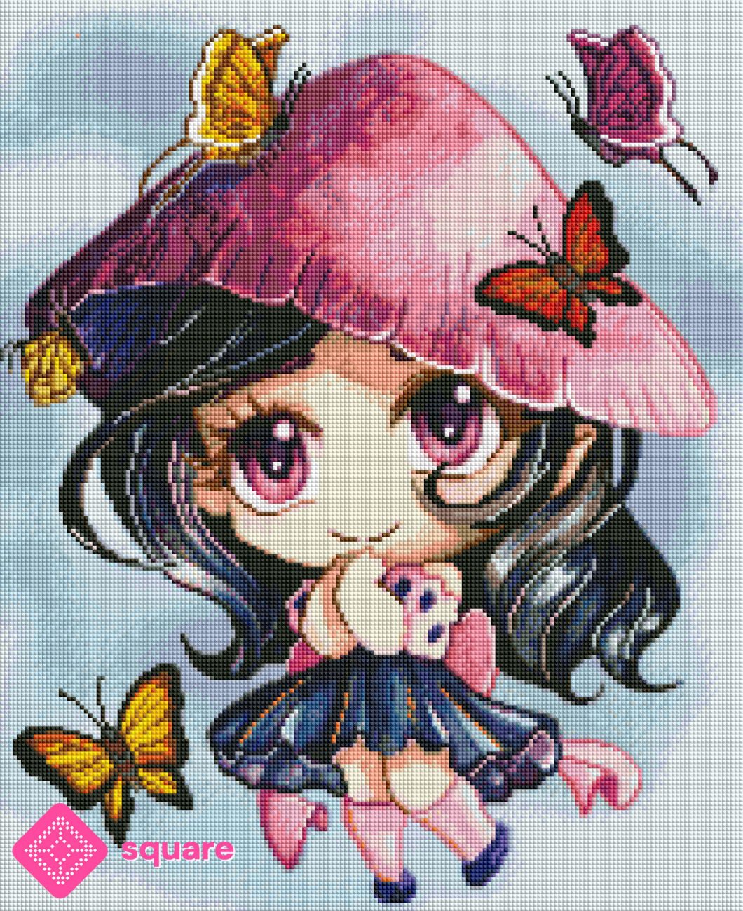 Diamond Painting Vorschau mit Chibi Mädchen und Pilzhut in funkelnder Steinoptik