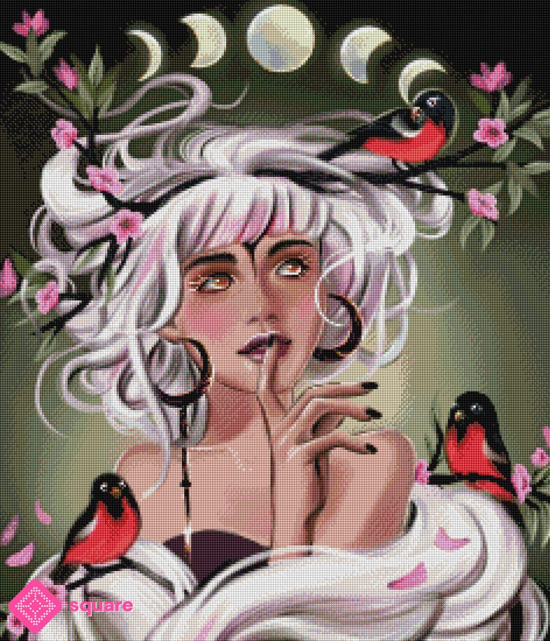 Diamond Painting Vorschau mit geheimnisvollem Mädchen und Blütenzweigen in funkelnder Steinoptik