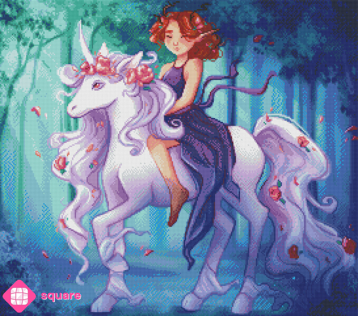 Diamond Painting Vorschau mit Elfenmädchen und Einhorn in funkelnder Steinoptik