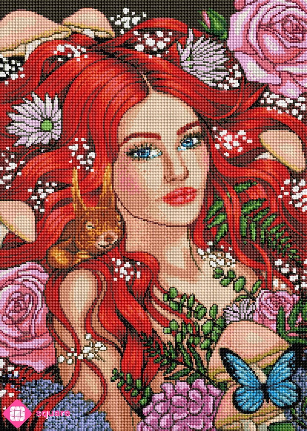 Diamond Painting Vorschau eines rothaarigen Mädchens, das zwischen Blumen und Pilzen im Wald liegt, begleitet von einem blauen Schmetterling und einem kleinen Eichhörnchen in ihren Haaren, in funkelnder Steinoptik als Render-Vorschau