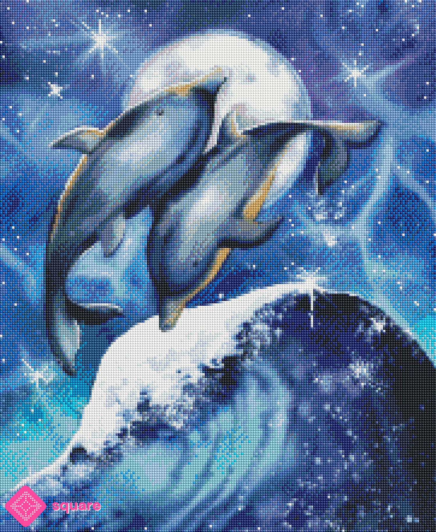 Diamond Painting Vorschau mit zwei springenden Delfinen, glitzernden Meereswellen und silbernem Mondlicht unter einem sternenreichen Nachthimmel in funkelnder Steinoptik