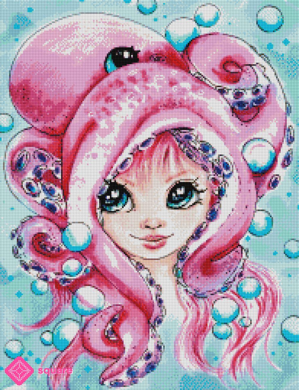 Diamond Painting Vorschau mit Mädchen unter Wasser und Tintenfisch in funkelnder Steinoptik