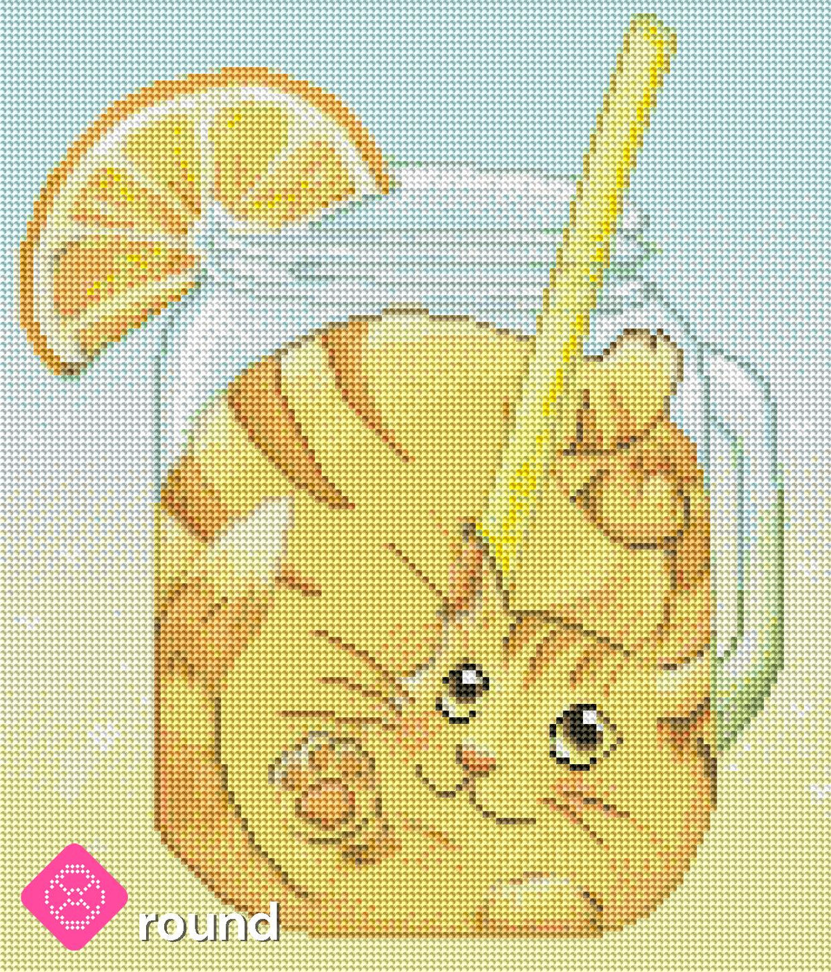 Diamond Painting Vorschau mit Katze im Orangensaftkrug in funkelnder Steinoptik