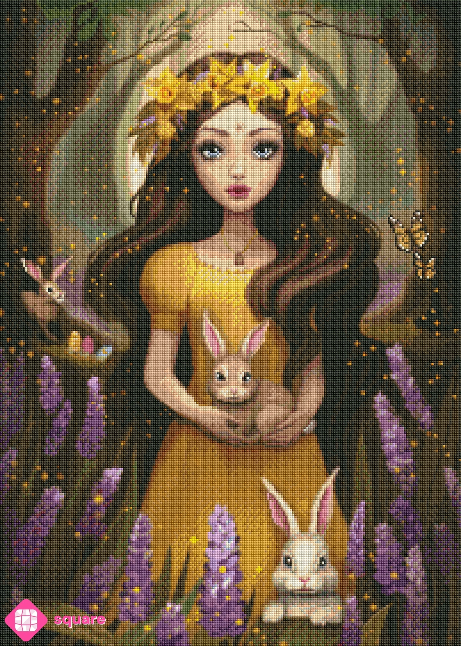 Diamond Painting Vorschau mit Mädchen in gelbem Kleid und Narzissenkrone, umgeben von Frühlingsblüten und drei niedlichen Hasen in funkelnder Steinoptik