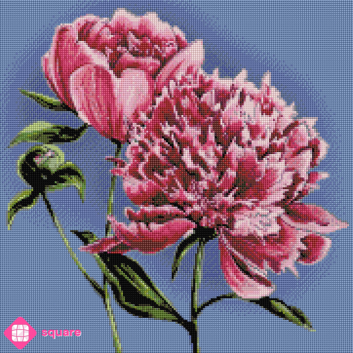 Diamond Painting Vorschau eines Bunds rosafarbener Pfingstrosen mit geöffneter Blüte, halb geschlossener Blüte und Knospe vor blauem Hintergrund, in funkelnder Steinoptik als Render-Vorschau