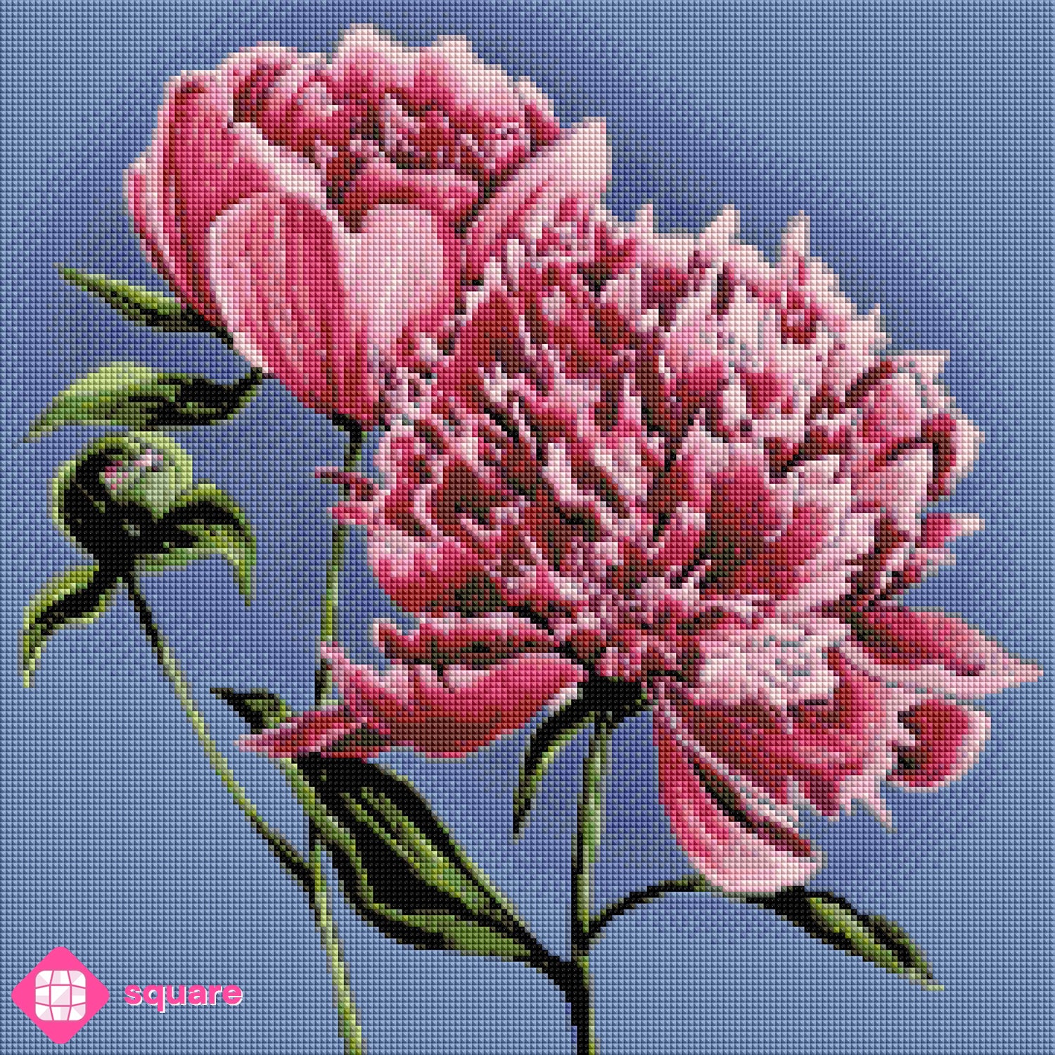 Diamond Painting Vorschau eines Bunds rosafarbener Pfingstrosen mit geöffneter Blüte, halb geschlossener Blüte und Knospe vor blauem Hintergrund, in funkelnder Steinoptik als Render-Vorschau
