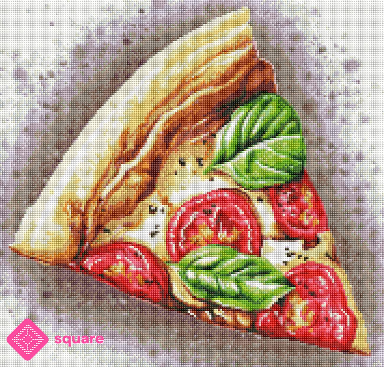 Diamond Painting Vorschau mit köstlichem Pizzastück, Tomaten und frischem Basilikum in farbenfroher, funkelnder Steinoptik