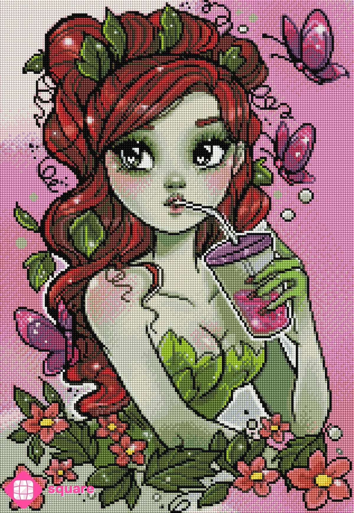 Diamond Painting Vorschau einer rothaarigen Frau mit Blätterschmuck und Bubble Tea in funkelnder Steinoptik als Render-Vorschau