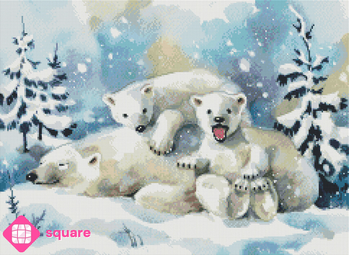 Diamond Painting Vorschau mit Eisbärenmutter und ihren beiden Jungen im Schnee, die Kleinen verspielt und neugierig, während ihre Mutter mit halbgeschlossenen Augen ruht