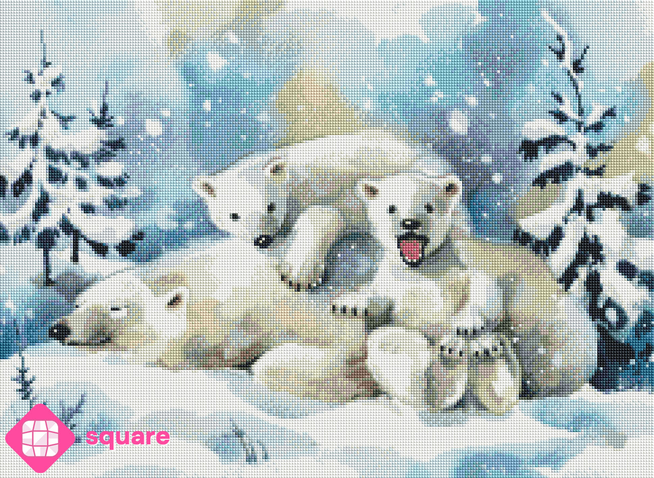 Diamond Painting Vorschau mit Eisbärenmutter und ihren beiden Jungen im Schnee, die Kleinen verspielt und neugierig, während ihre Mutter mit halbgeschlossenen Augen ruht