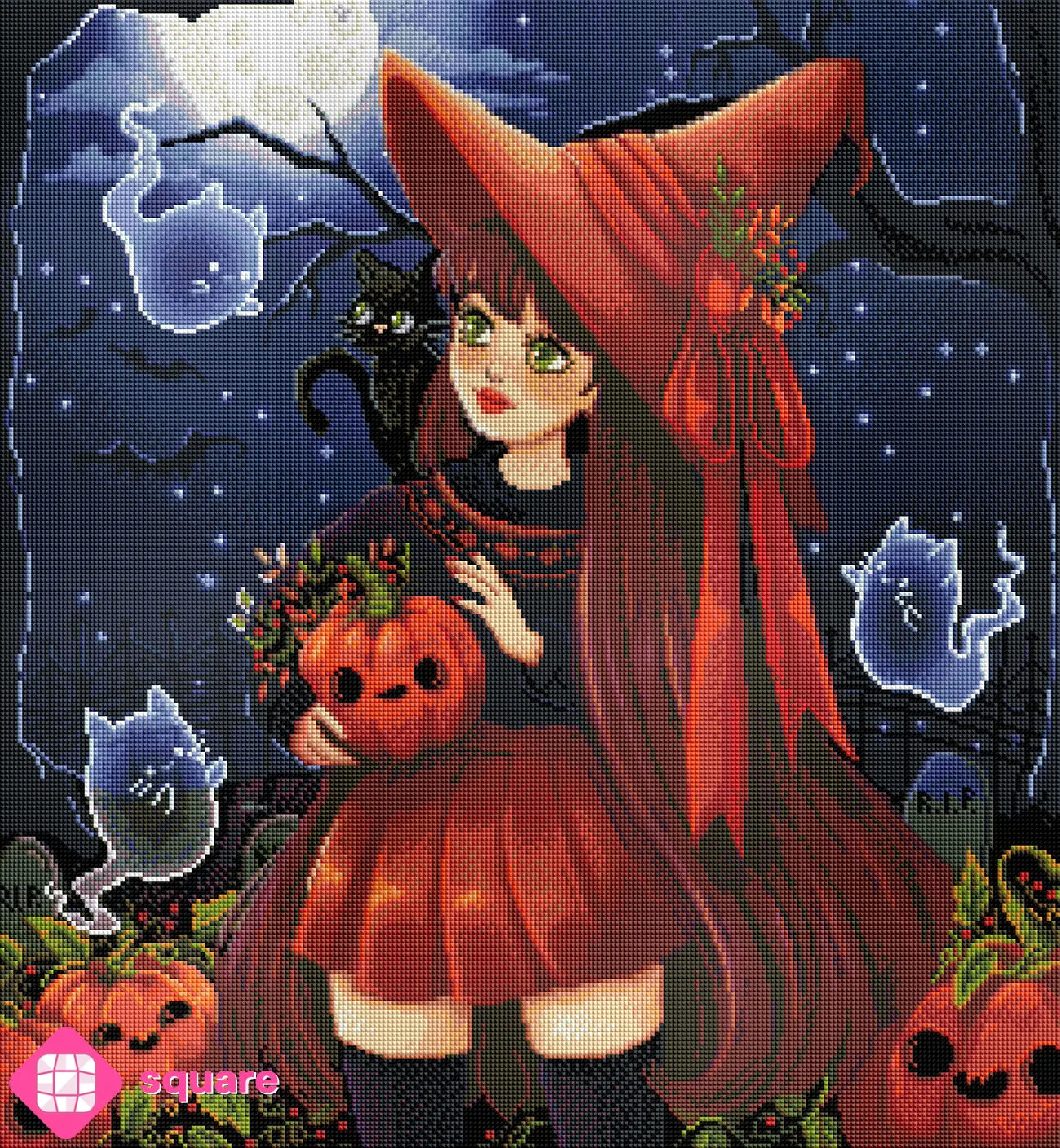 Diamond Painting Vorschau mit junger Hexe mit niedlichen Katzengeistern und Kürbissen in der Halloween-Nacht in funkelnder Steinoptik als Render-Vorschau