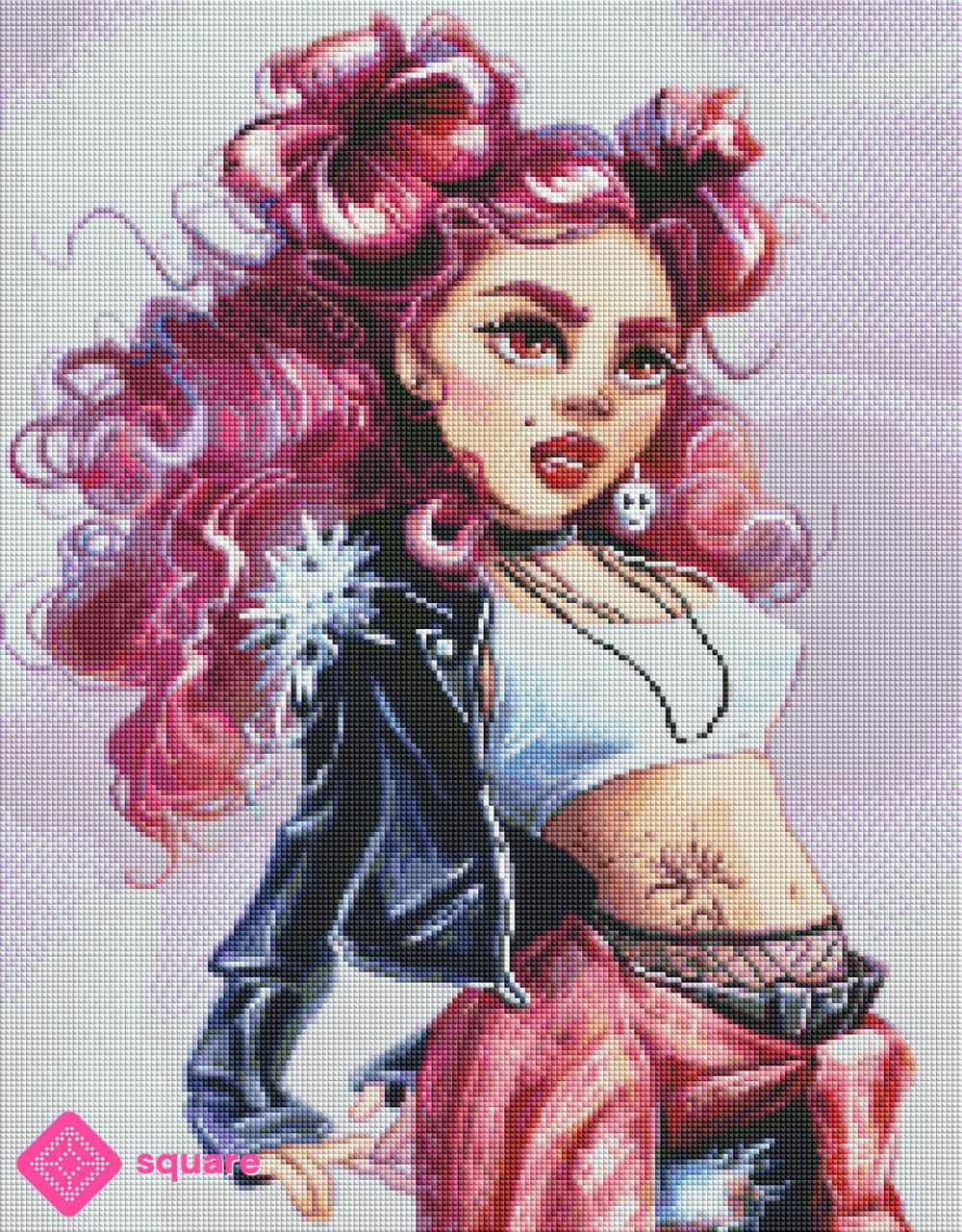 Diamond Painting Vorschau mit Punk-Girl in pinkfarbenen Locken, bauchfreiem weißem Top, Lederjacke und zerrissener Jeans in markanter, funkelnder Steinoptik