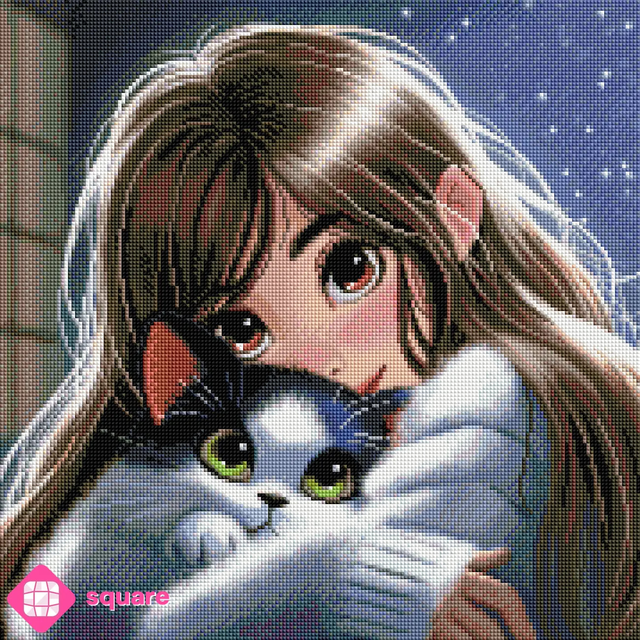 Diamond Painting Vorschau mit Mädchen im gemütlichen Wollpullover und ihrer Katze, die sich aneinander kuscheln, vor einem stimmungsvollen Sternenhimmel in funkelnder Steinoptik