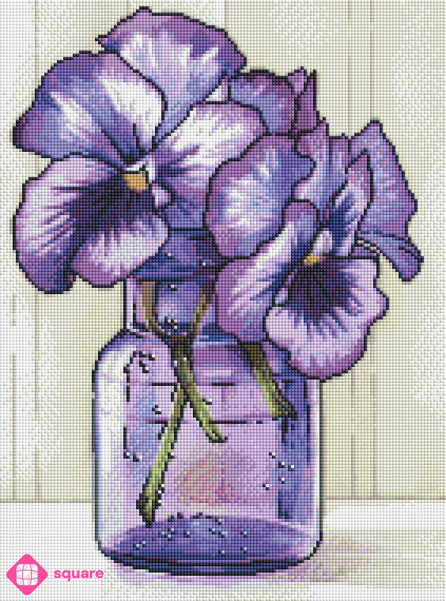 Diamond Painting Vorschau mit lila Stiefmütterchen in funkelnder Steinoptik
