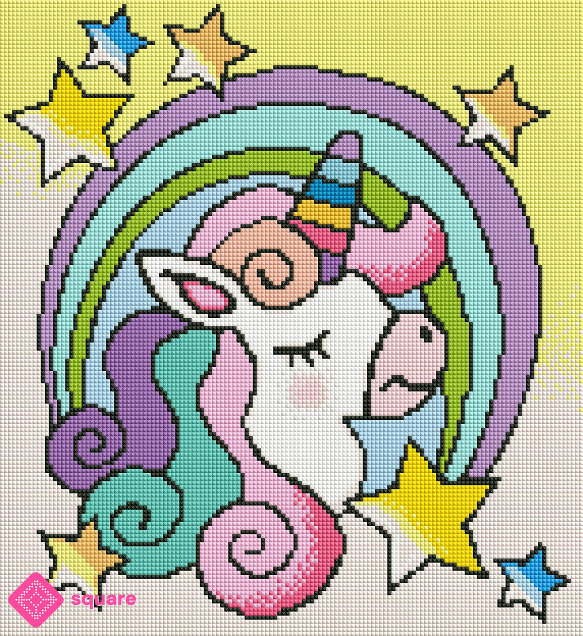 Diamond Painting Vorschau mit buntem Einhorn, Regenbogenmähne und funkelndem Sternenhimmel in farbenprächtiger Steinoptik