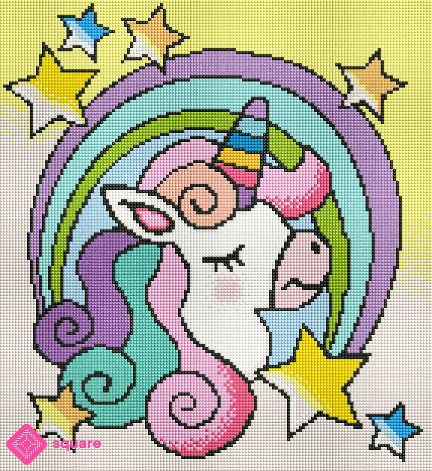 Diamond Painting Vorschau mit buntem Einhorn, Regenbogenmähne und funkelndem Sternenhimmel in farbenprächtiger Steinoptik