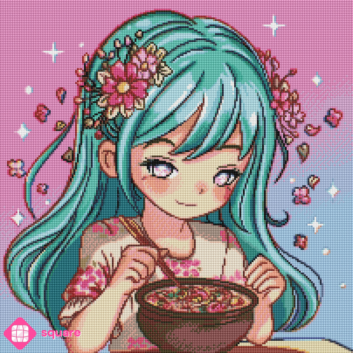 Diamond Painting Vorschau mit Ramen Girl in funkelnder Steinoptik
