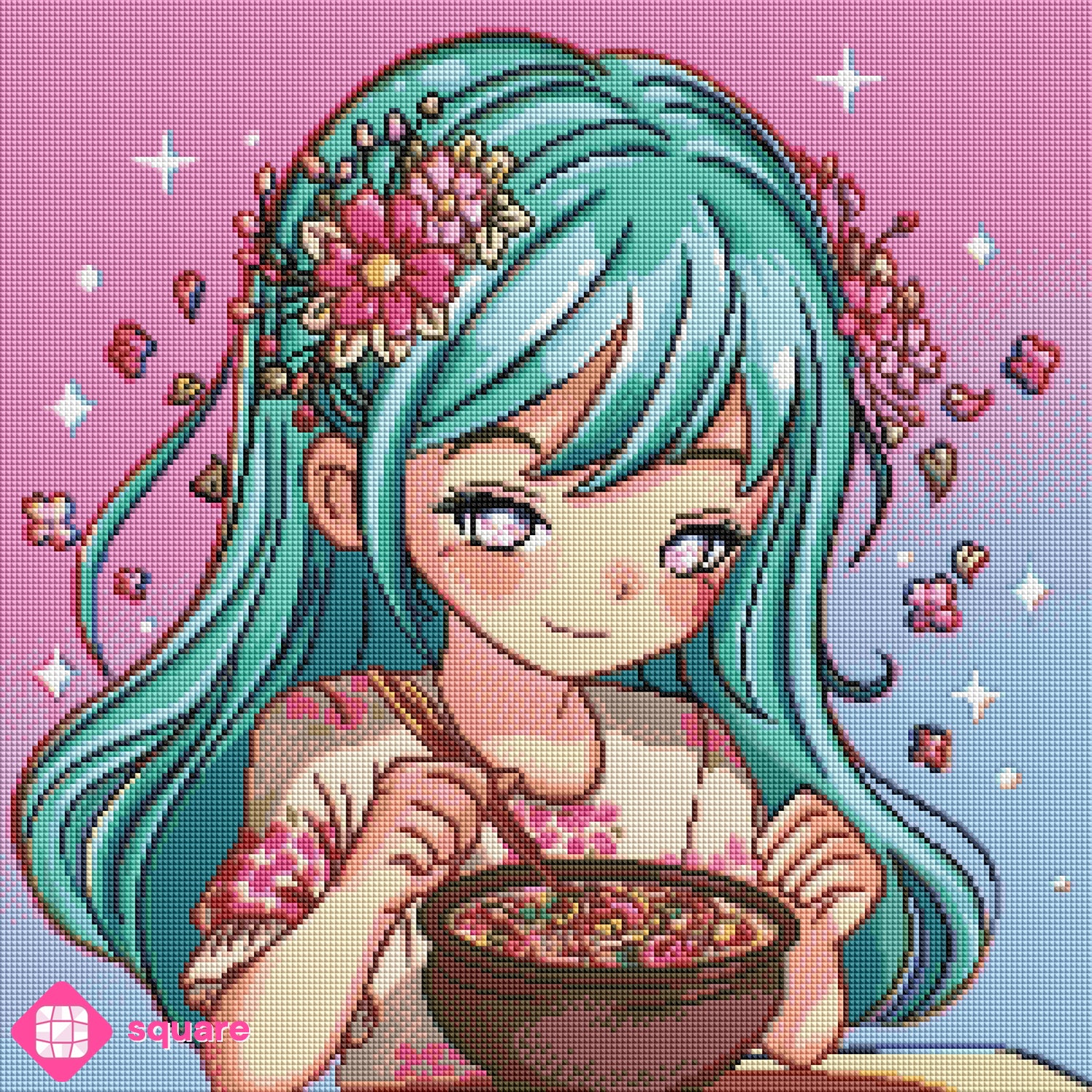 Diamond Painting Vorschau mit Ramen Girl in funkelnder Steinoptik