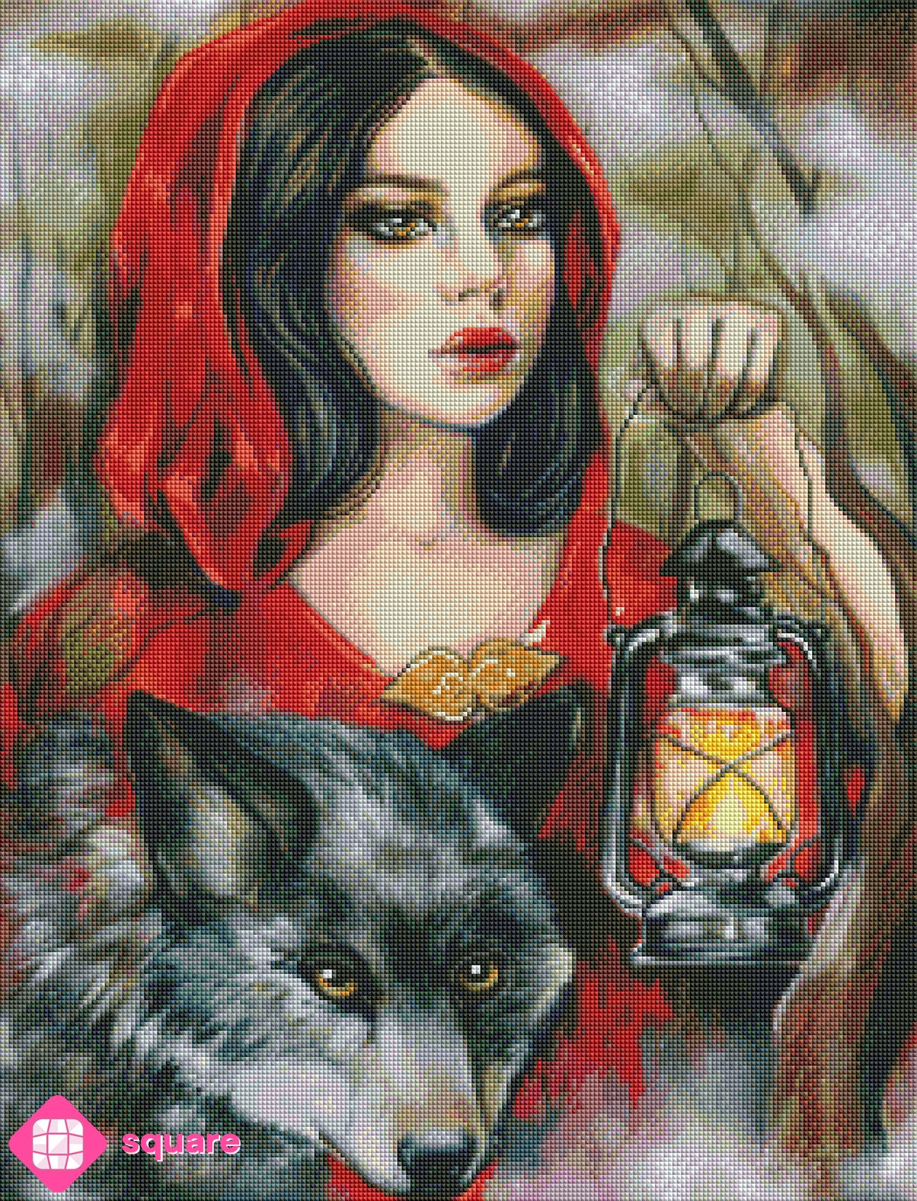 Vorschau eines märchenhaften Diamond Paintings mit Rotkäppchen und Wolf in mystischer Steinoptik