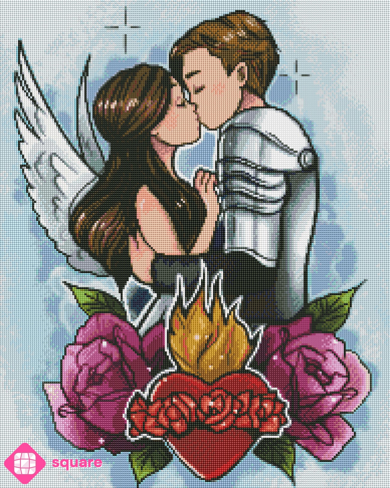 Vorschau eines romantischen Romeo und Julia Diamond Paintings mit Rosen und Herz in funkelnder Steinoptik
