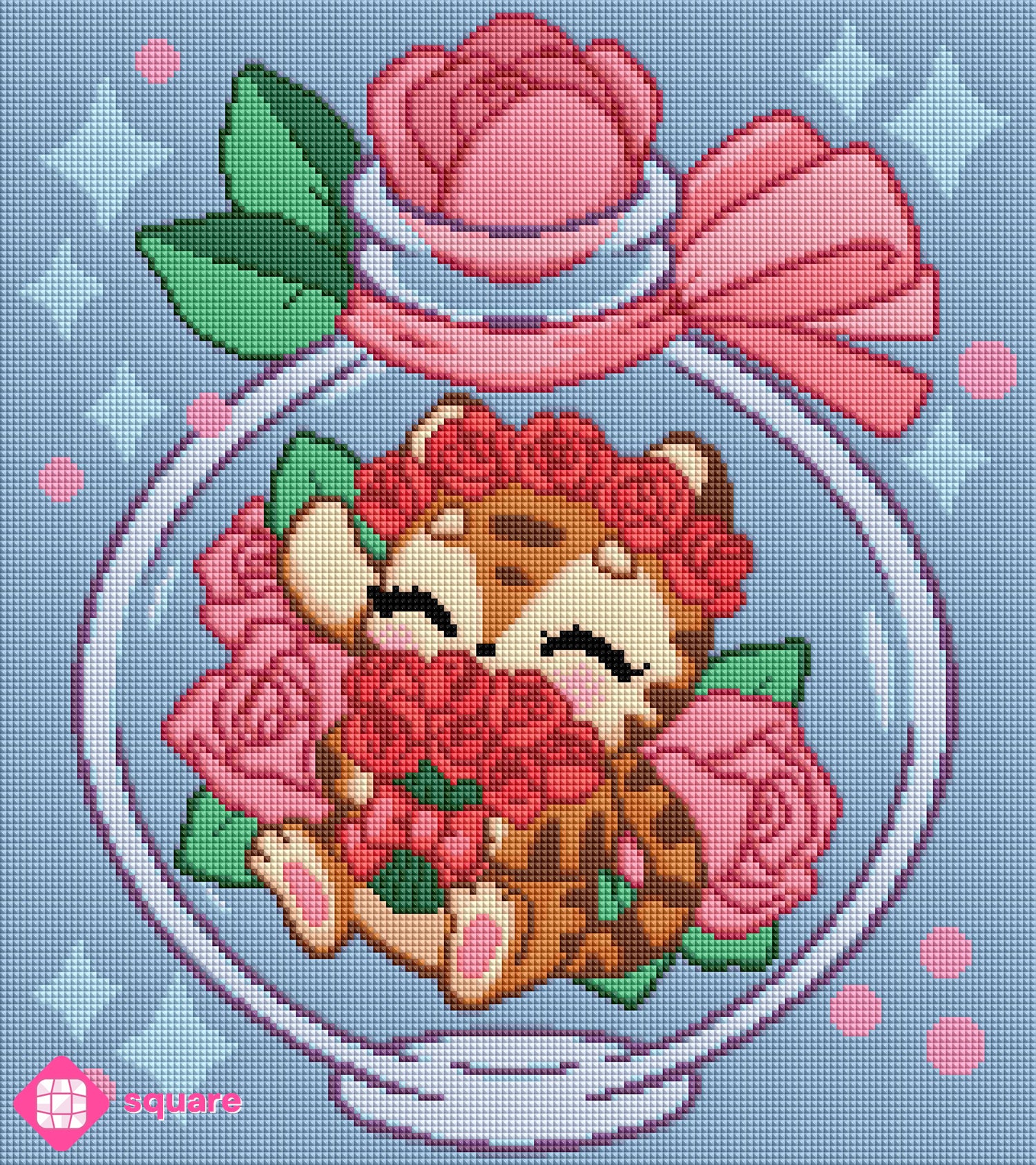 Diamond Painting Vorschau mit kleinem Tiger und Rosenkranz, der einen Rosenstrauß in den Pfoten hält und in einem dekorativen Glasflakon mit rosa Schleife sitzt, in funkelnder Steinoptik als Render-Vorschau