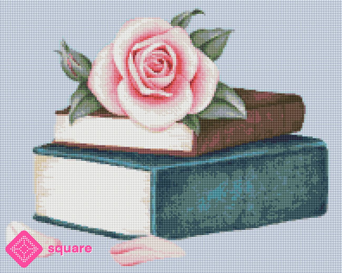 Diamond Painting Vorschau mit Rose auf Bücherstapel in funkelnder Steinoptik