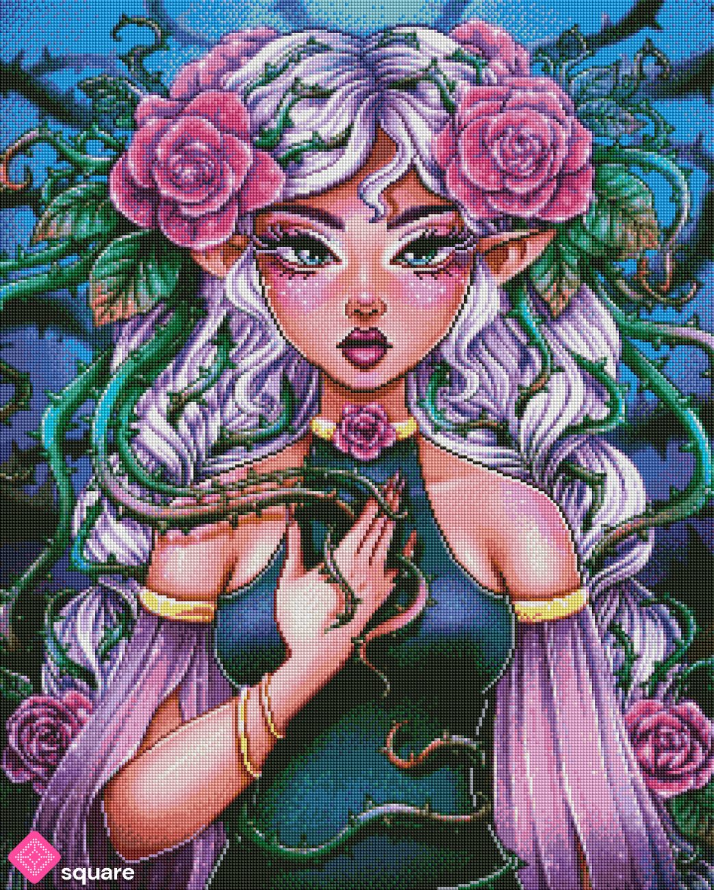 Diamond Painting Vorschau mit Mädchen und langen weiß-lila Haaren, pinkfarbenen Rosen und geheimnisvollen Dornenranken in funkelnder Steinoptik