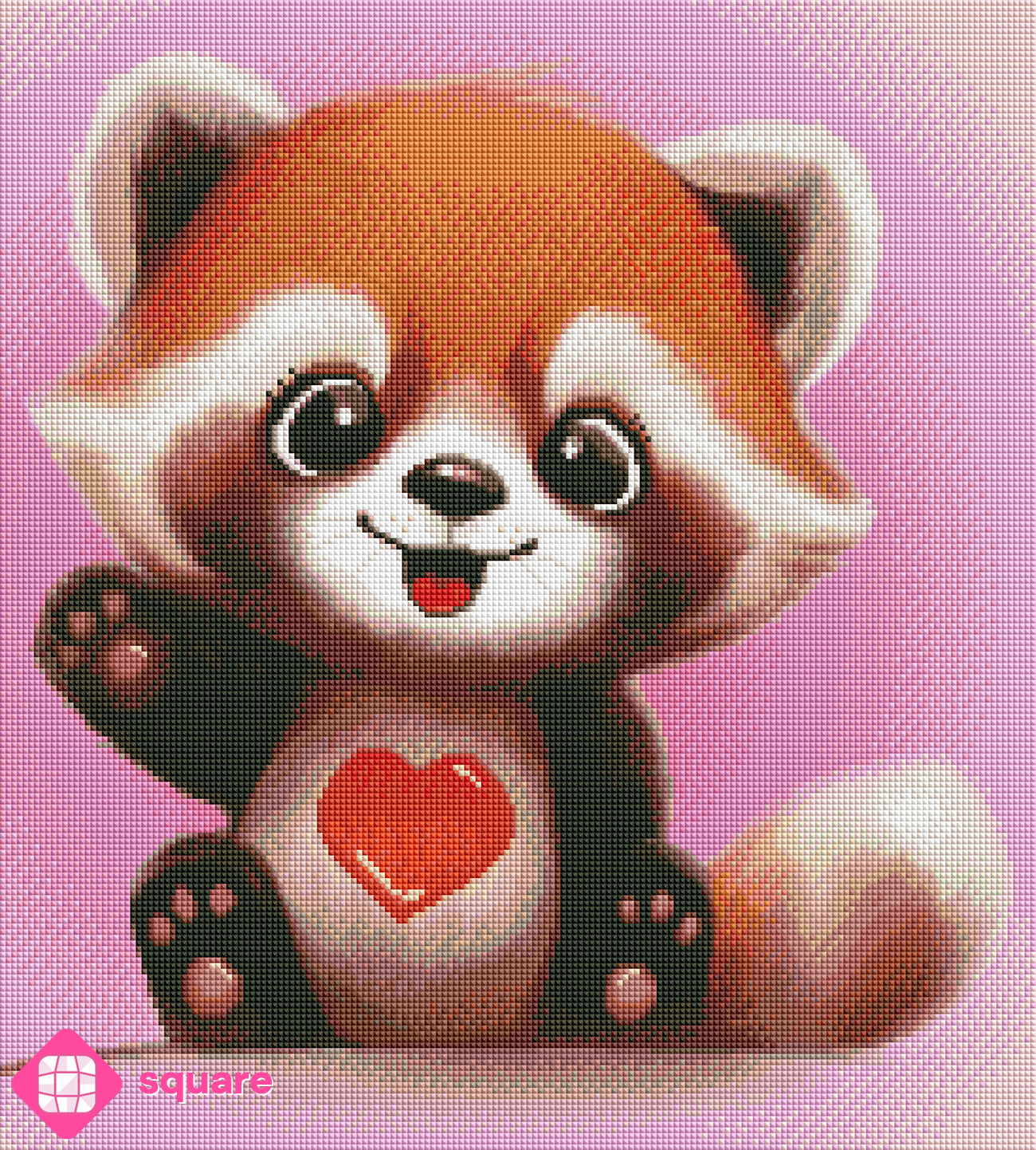Diamond Painting Vorschau mit süßem rotem Panda mit Herz  in funkelnder Steinoptik