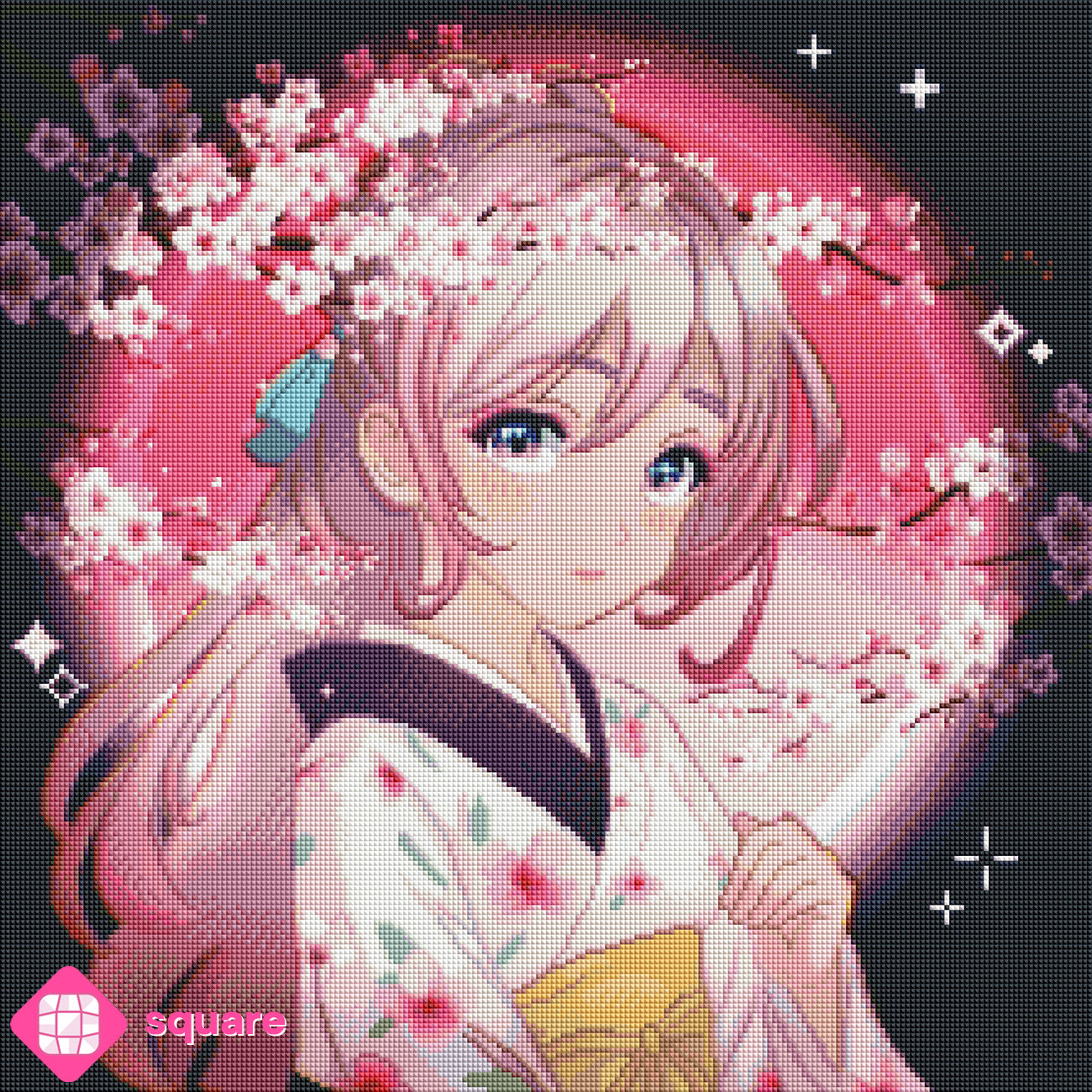 Diamond Painting Vorschau mit Mädchen im Kimono und blühenden Kirschzweigen in zarter rosa Farbgebung und funkelnder Steinoptik