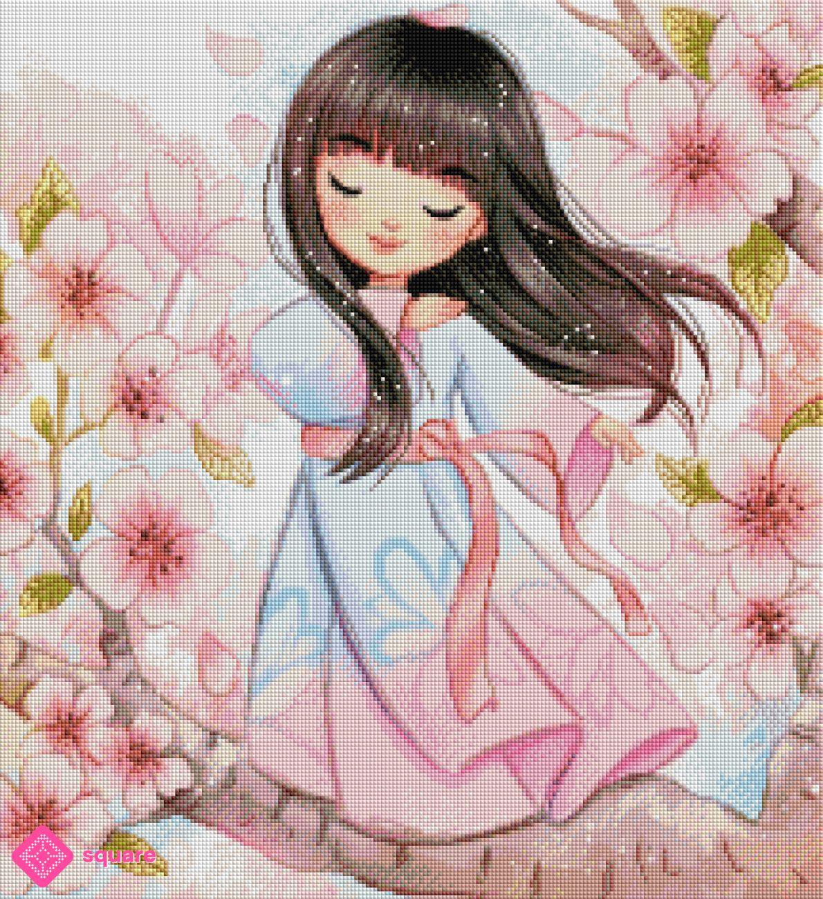 Diamond Painting Vorschau mit kleiner Tänzerin und blühenden Sakura-Zweigen in einer zarten, frühlingshaften Steinoptik