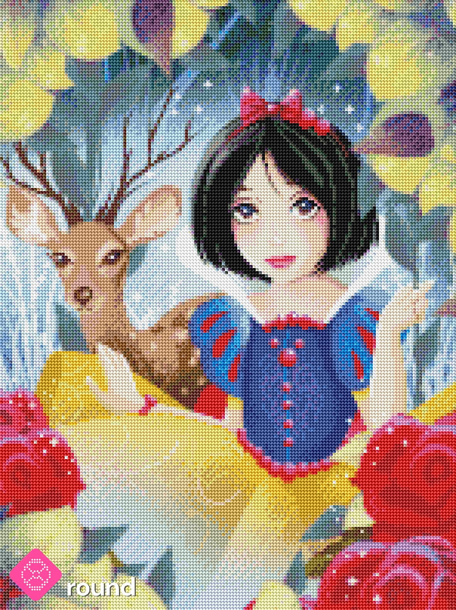 Diamond Painting Vorschau mit Schneewittchen samt Rosendeko und Reh in funkelnder Steinoptik mit runden Steinen