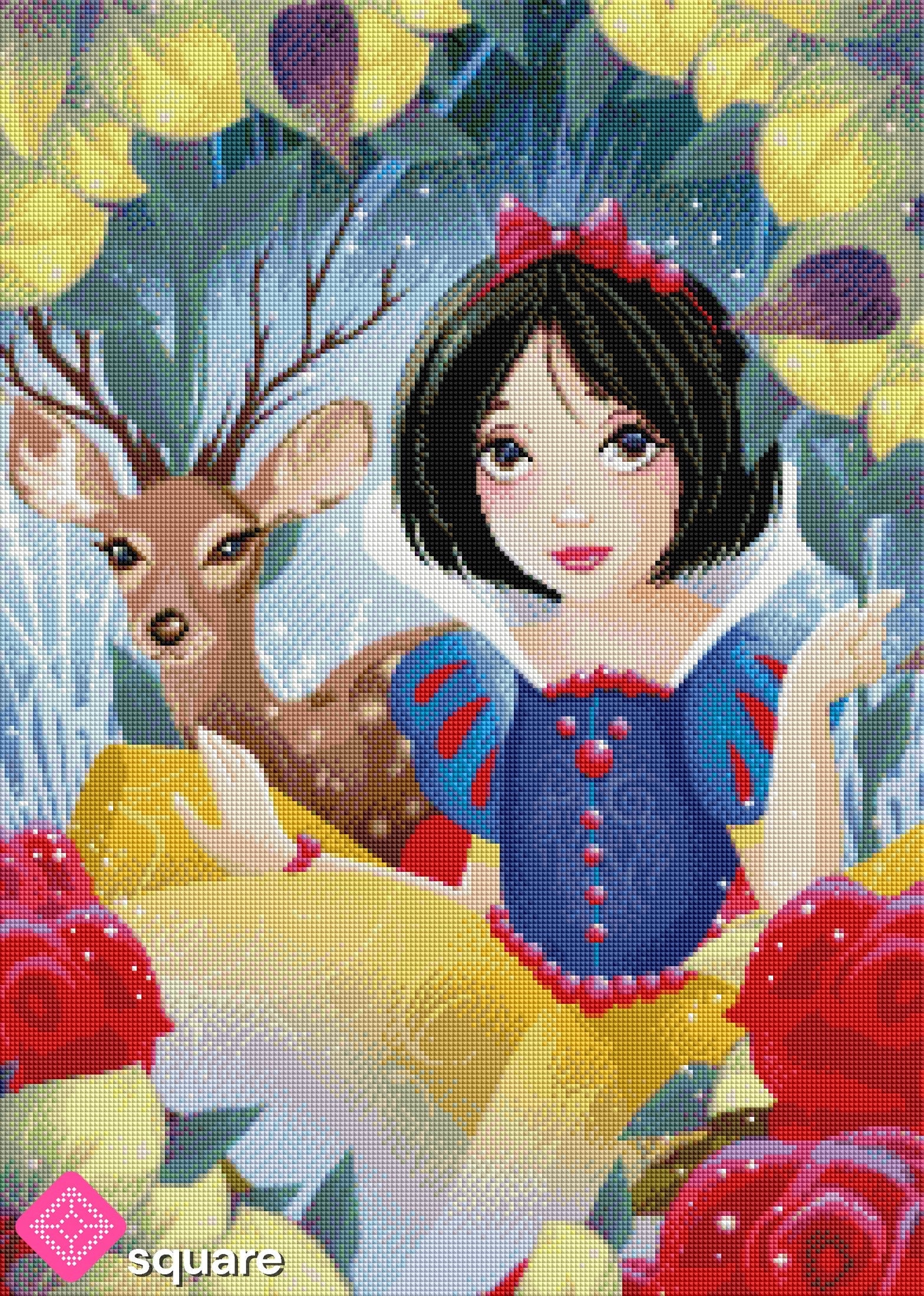 Diamond Painting Vorschau mit Schneewittchen samt Rosendeko und Reh in funkelnder Steinoptik