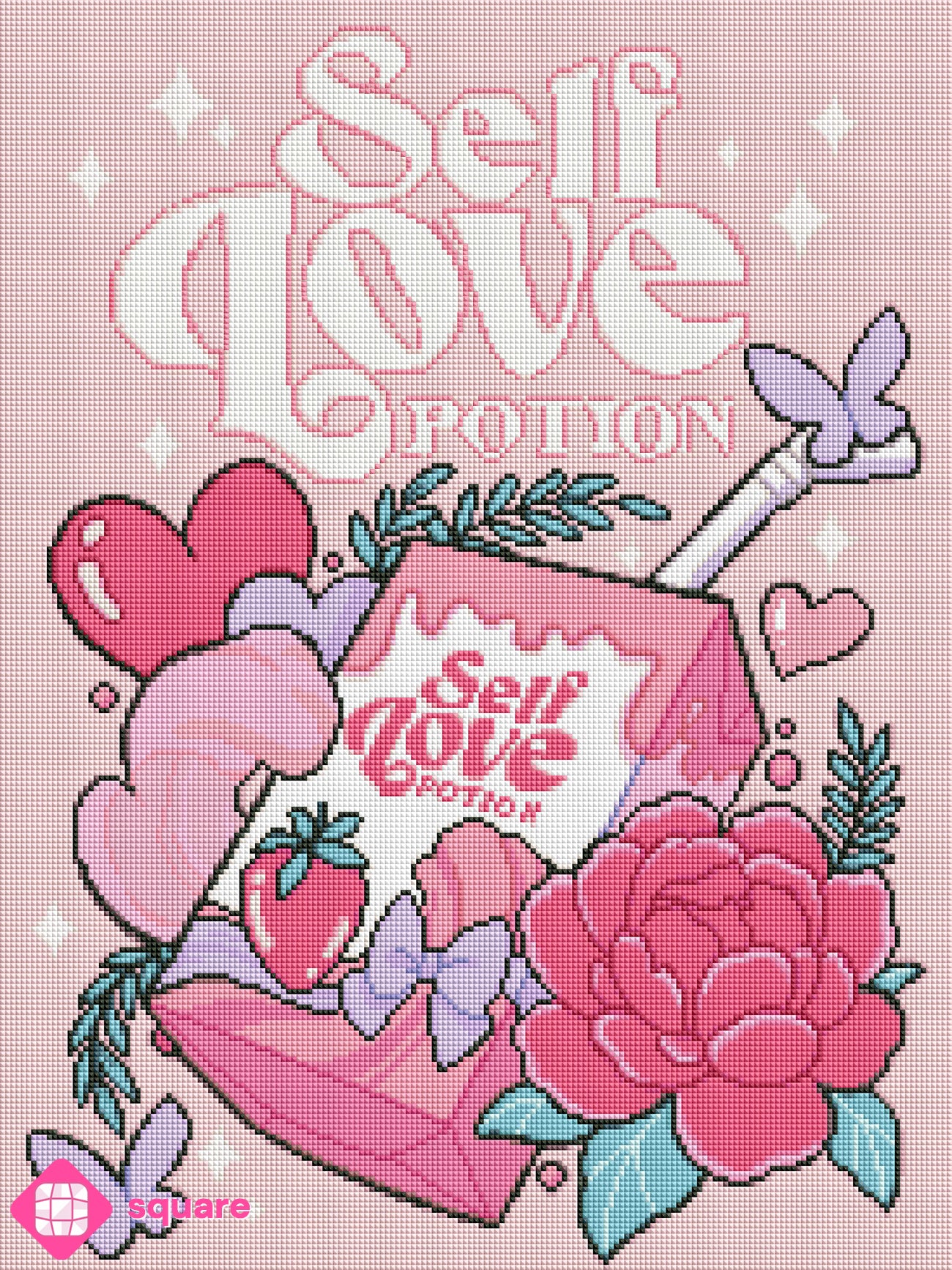 Diamond Painting Vorschau mit Self Love Potion und süßem Saftkarton in funkelnder Steinoptik